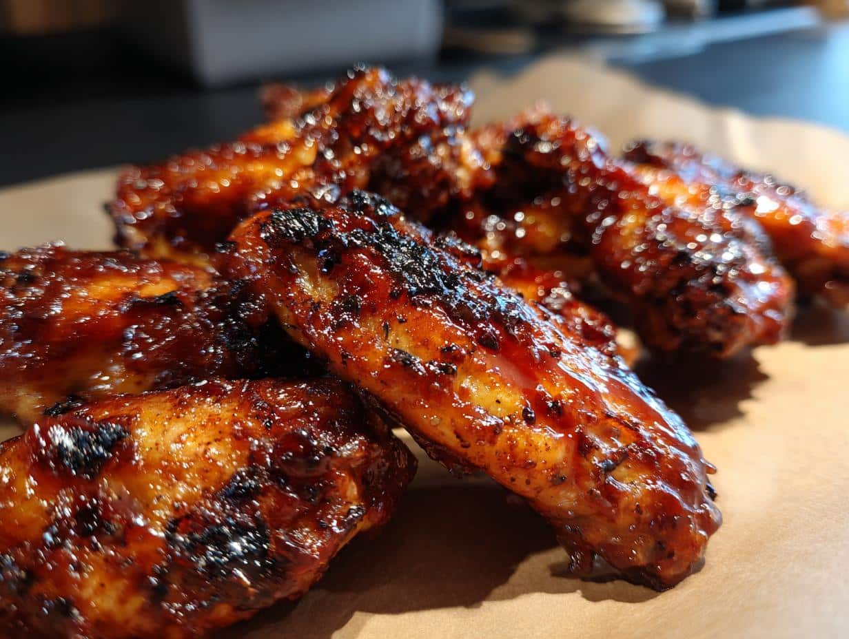 Close-up of delicious crispy air fryer BBQ wings, glistening with sauce and slightly charred.