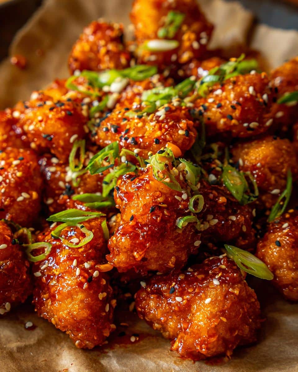 Close-up of glistening Crispy Sweet Chili Chicken pieces, topped with sesame seeds and chopped green onions.