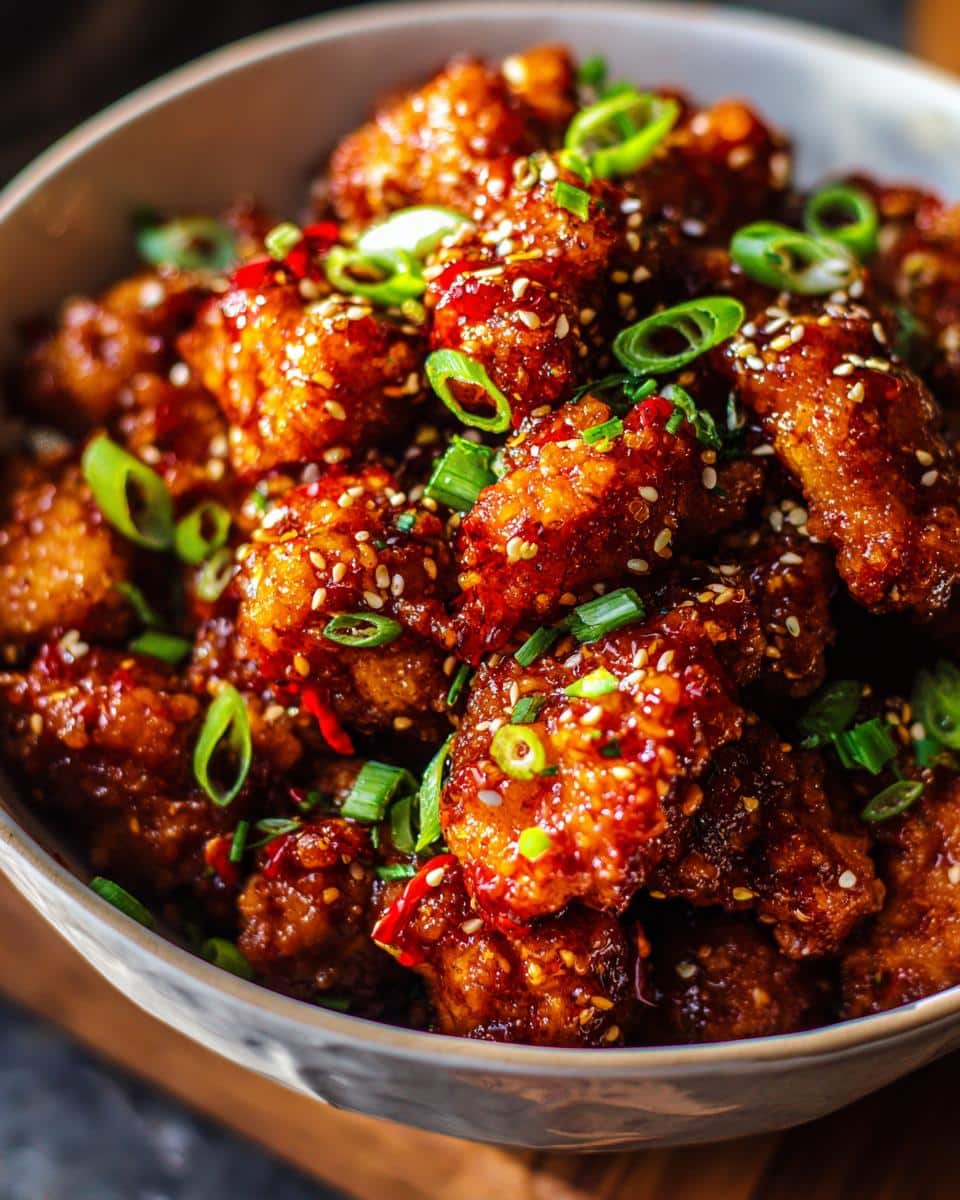 Close-up of a bowl filled with delicious Crispy Sweet Chili Chicken, garnished with sesame seeds and green onions.