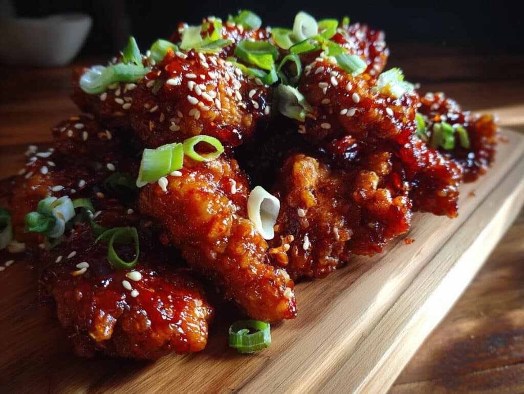 Close-up of a pile of Crispy Sweet Chili Chicken pieces coated in a glossy sauce, sprinkled with sesame seeds and green onions.