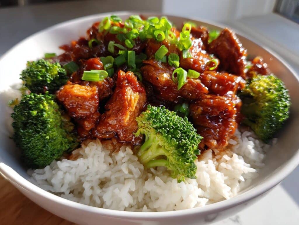 A delicious bowl of white rice topped with glazed chicken pieces and fresh broccoli florets, perfect for crockpot recipes for busy weeknights.