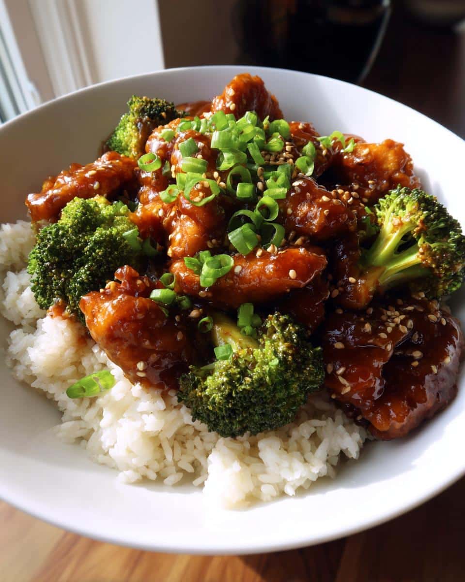 A bowl of white rice topped with glazed chicken pieces, broccoli florets, and green onions, perfect for crockpot recipes for busy weeknights.