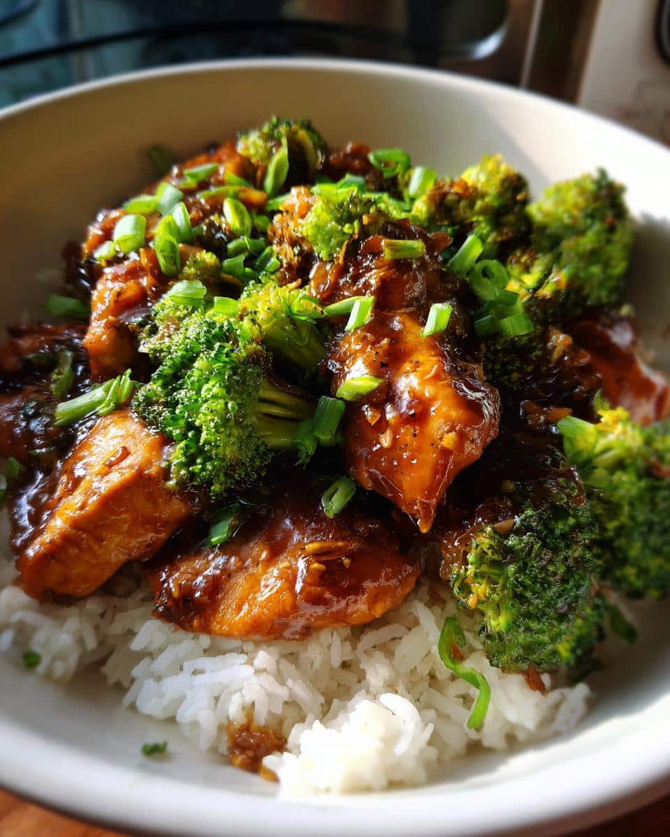 A bowl of white rice topped with tender chicken pieces and broccoli florets in a glossy sauce, a perfect crockpot recipe for busy weeknights.