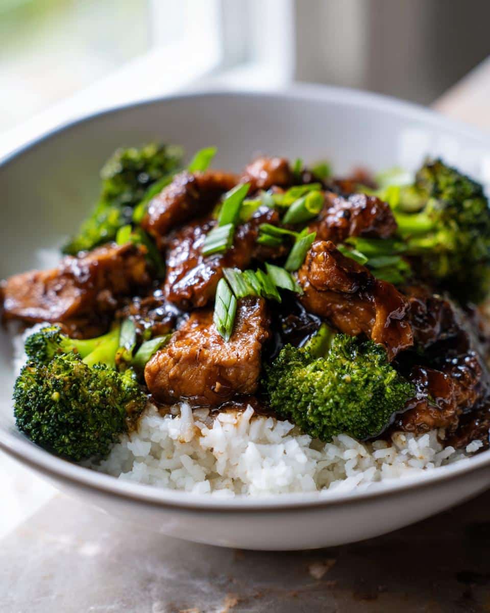 A bowl of white rice topped with tender chicken and broccoli in a glossy sauce, a perfect example of crockpot recipes for busy weeknights.