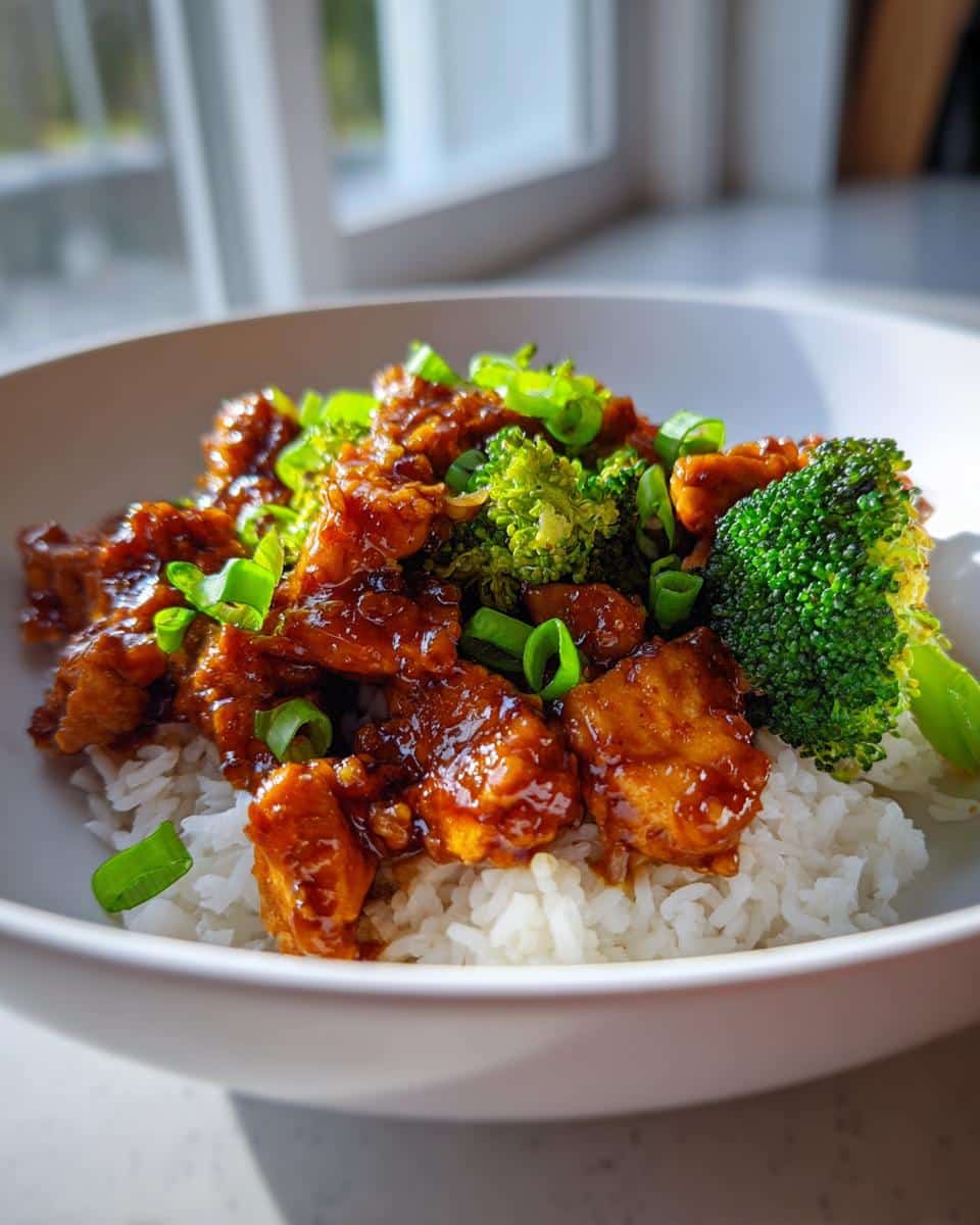 A bowl of white rice topped with glazed chicken and broccoli, garnished with green onions, perfect for crockpot recipes for busy weeknights.