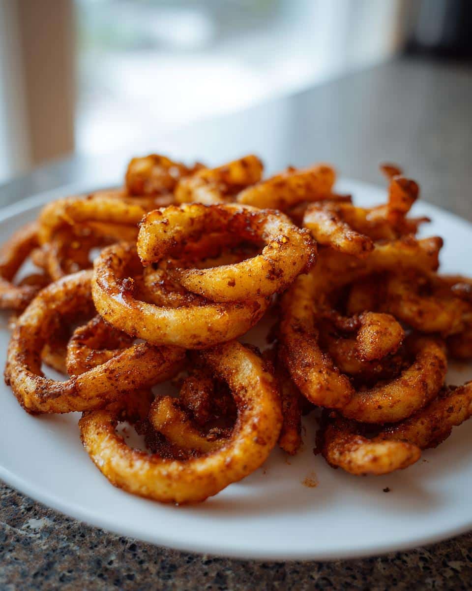 A close-up shot of a pile of golden-brown curly air fryer fries seasoned with spices, served on a white plate.