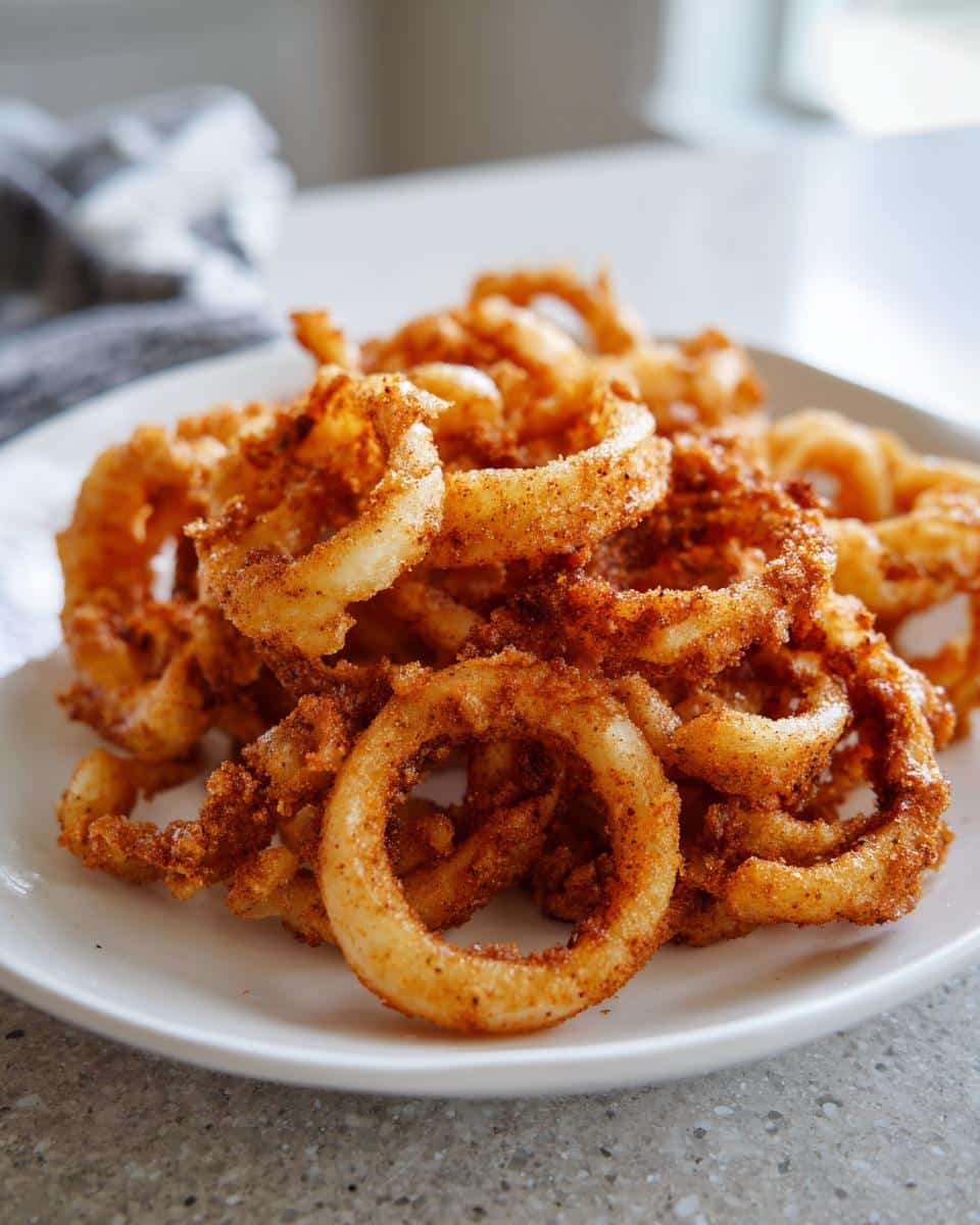 A close-up shot of a pile of golden-brown curly air fryer fries seasoned with spices.