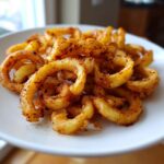 A close-up shot of a pile of golden-brown curly air fryer fries seasoned with spices, served on a white plate.