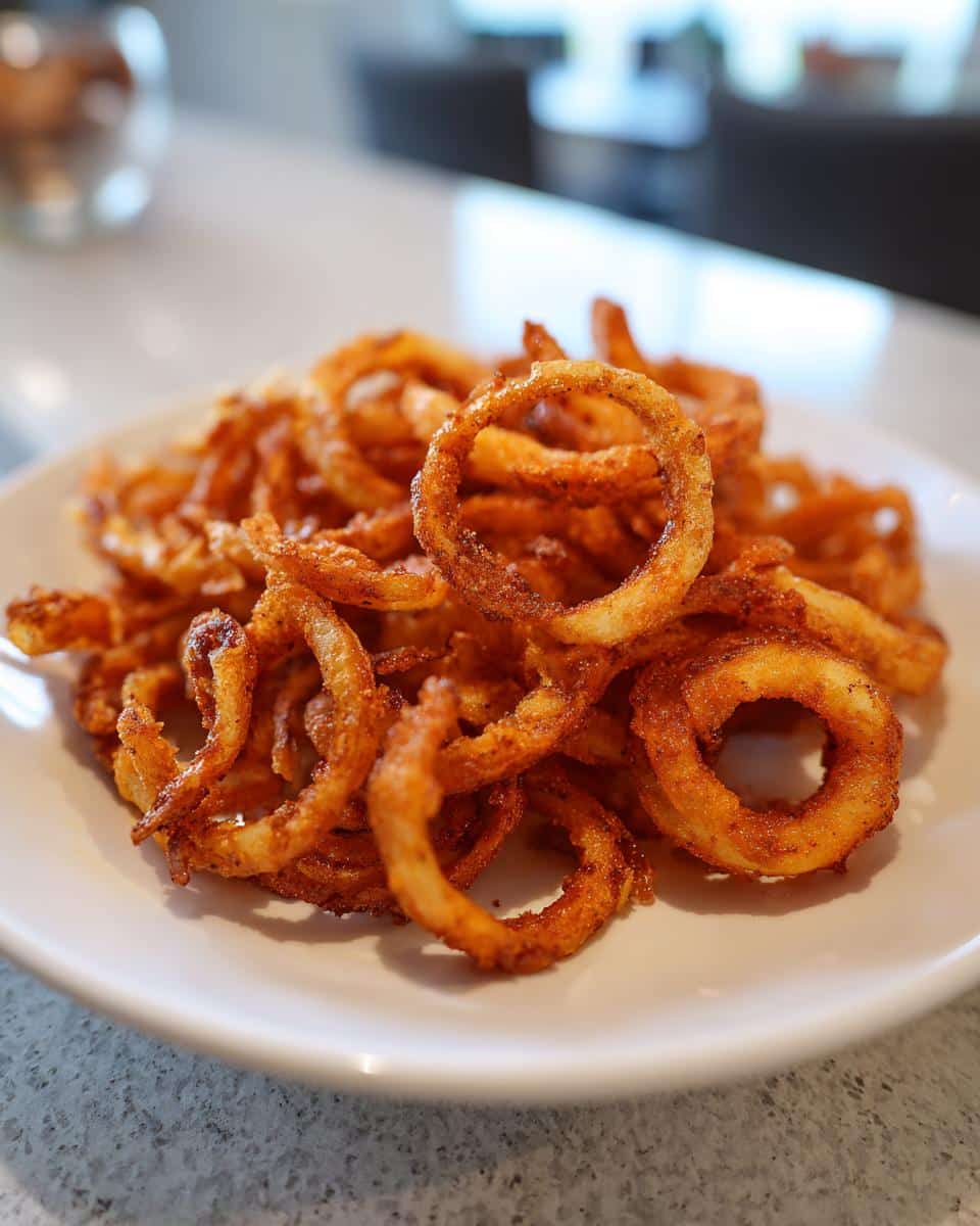 A close-up of a pile of delicious curly air fryer fries seasoned with spices, served on a white plate.