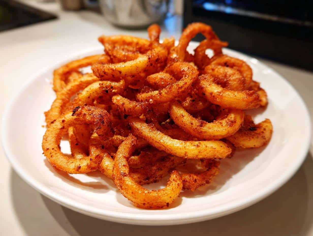 A close-up of a white plate filled with golden-brown, seasoned curly air fryer fries.