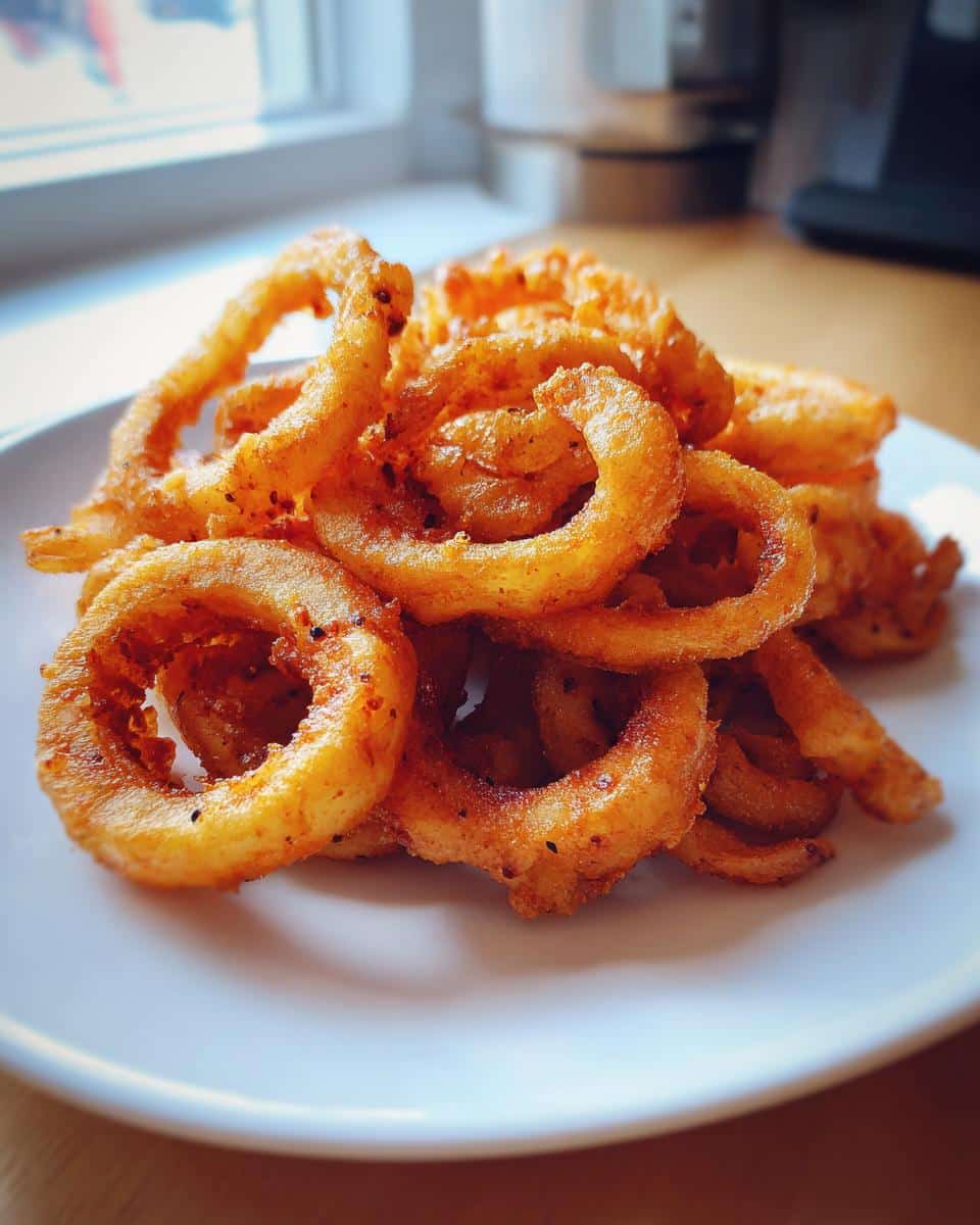 A pile of golden-brown, seasoned curly air fryer fries on a white plate.