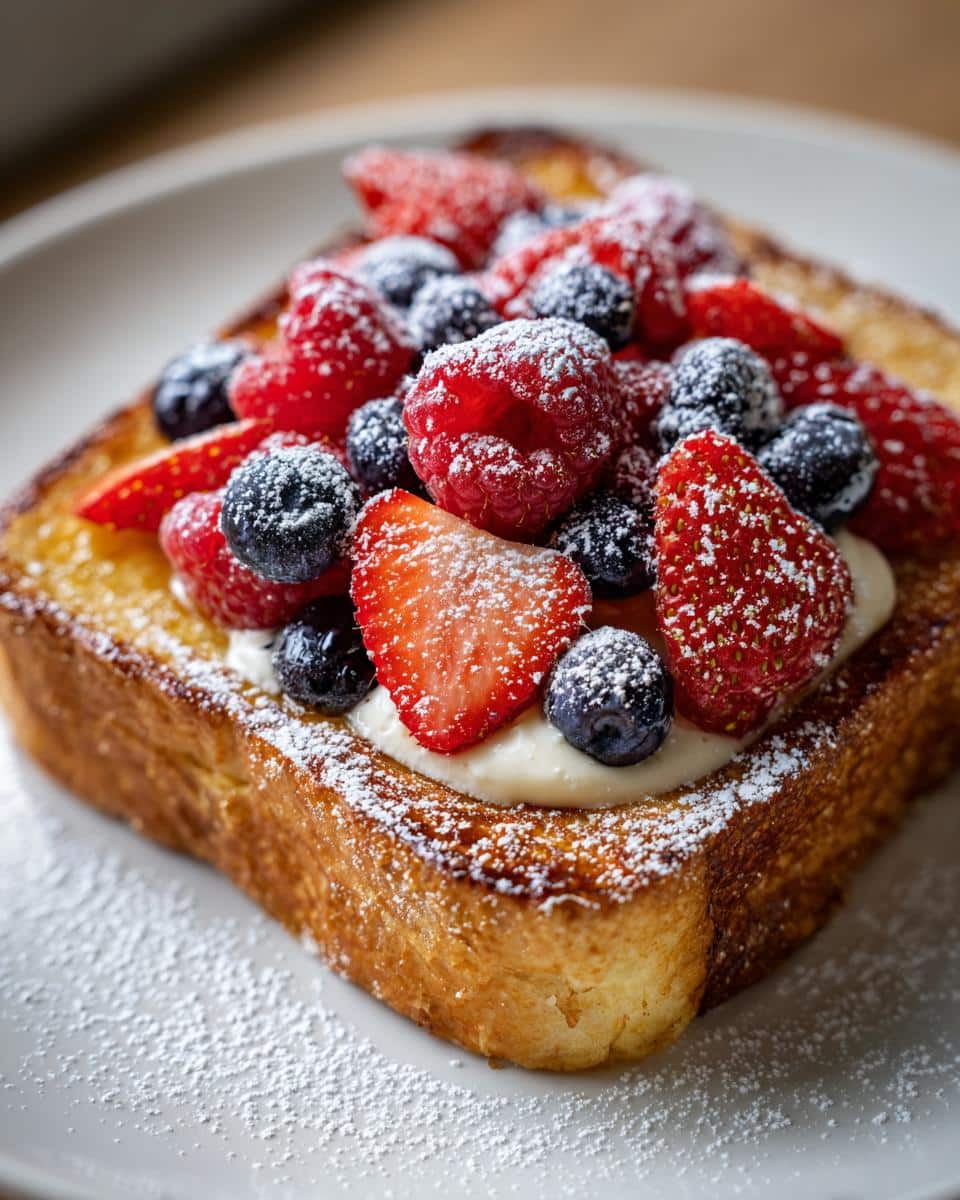 A slice of golden Custard Yogurt Toast topped with a dollop of cream, fresh strawberries, blueberries, and raspberries, dusted with powdered sugar.