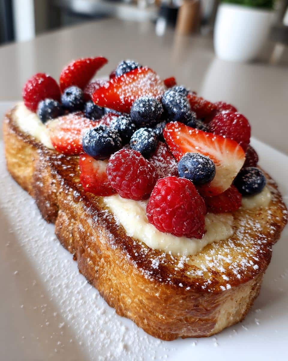 A slice of golden-brown Custard Yogurt Toast topped with a creamy custard, fresh strawberries, blueberries, and raspberries, dusted with powdered sugar.