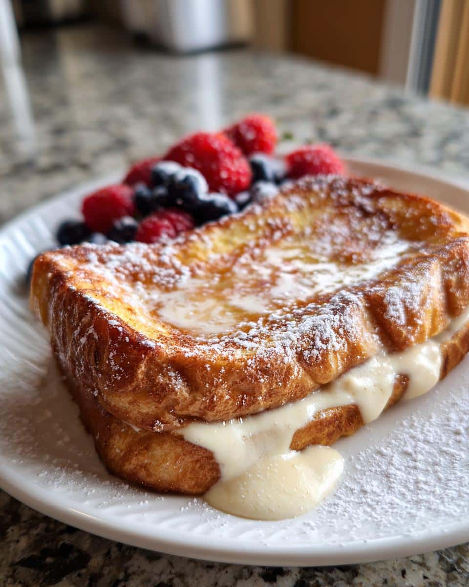 A close-up of Custard Yogurt Toast, filled with creamy custard and topped with powdered sugar and fresh berries.