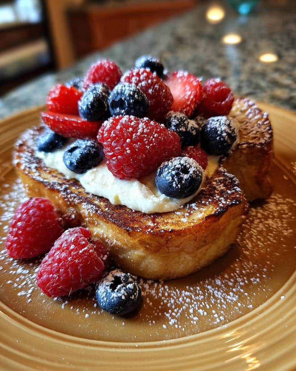 A slice of golden-brown Custard Yogurt Toast topped with creamy frosting and fresh raspberries, blueberries, and strawberries, dusted with powdered sugar.