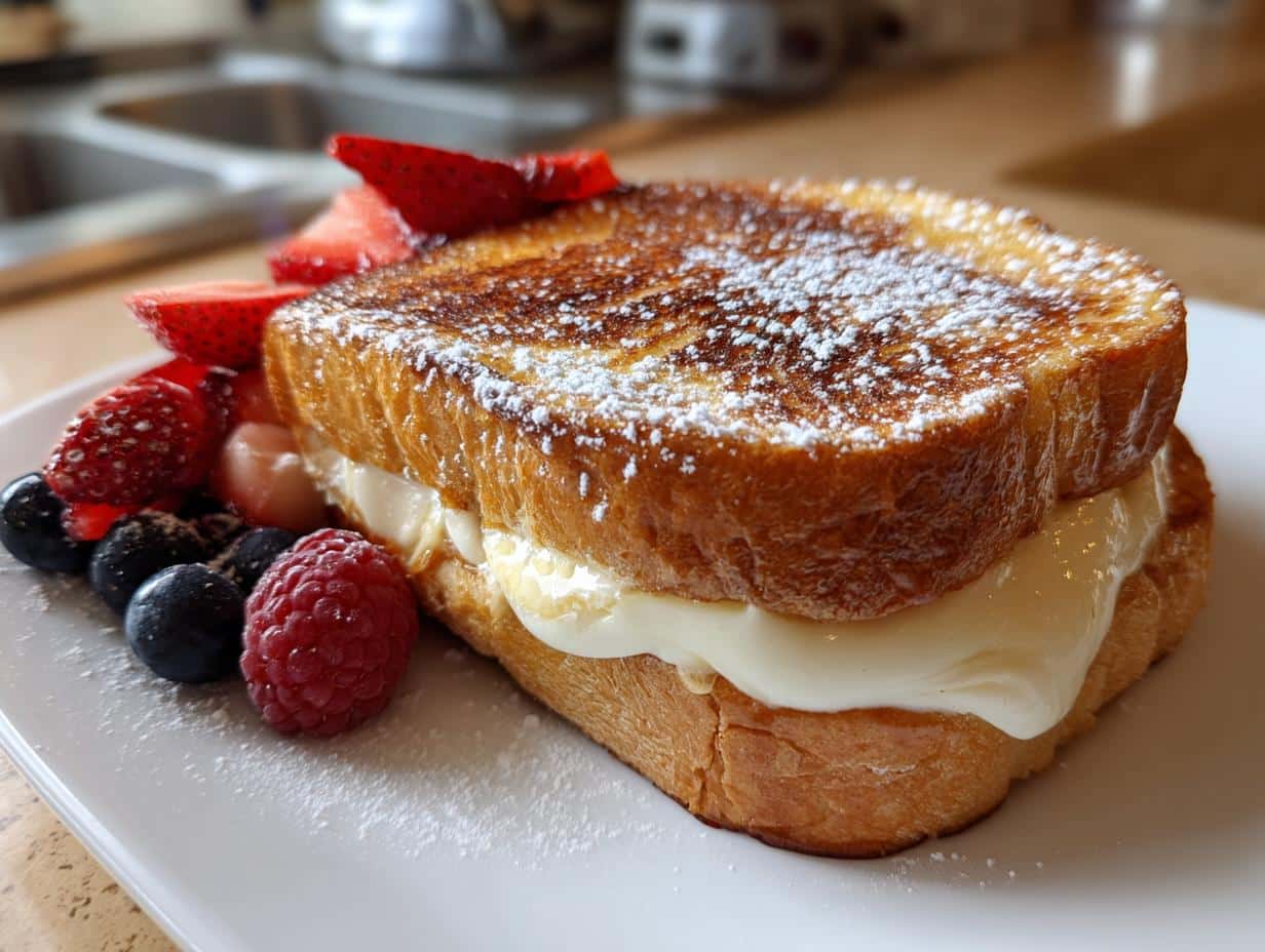 A close-up of Custard Yogurt Toast filled with creamy custard and topped with powdered sugar, served with fresh strawberries, blueberries, and raspberries.