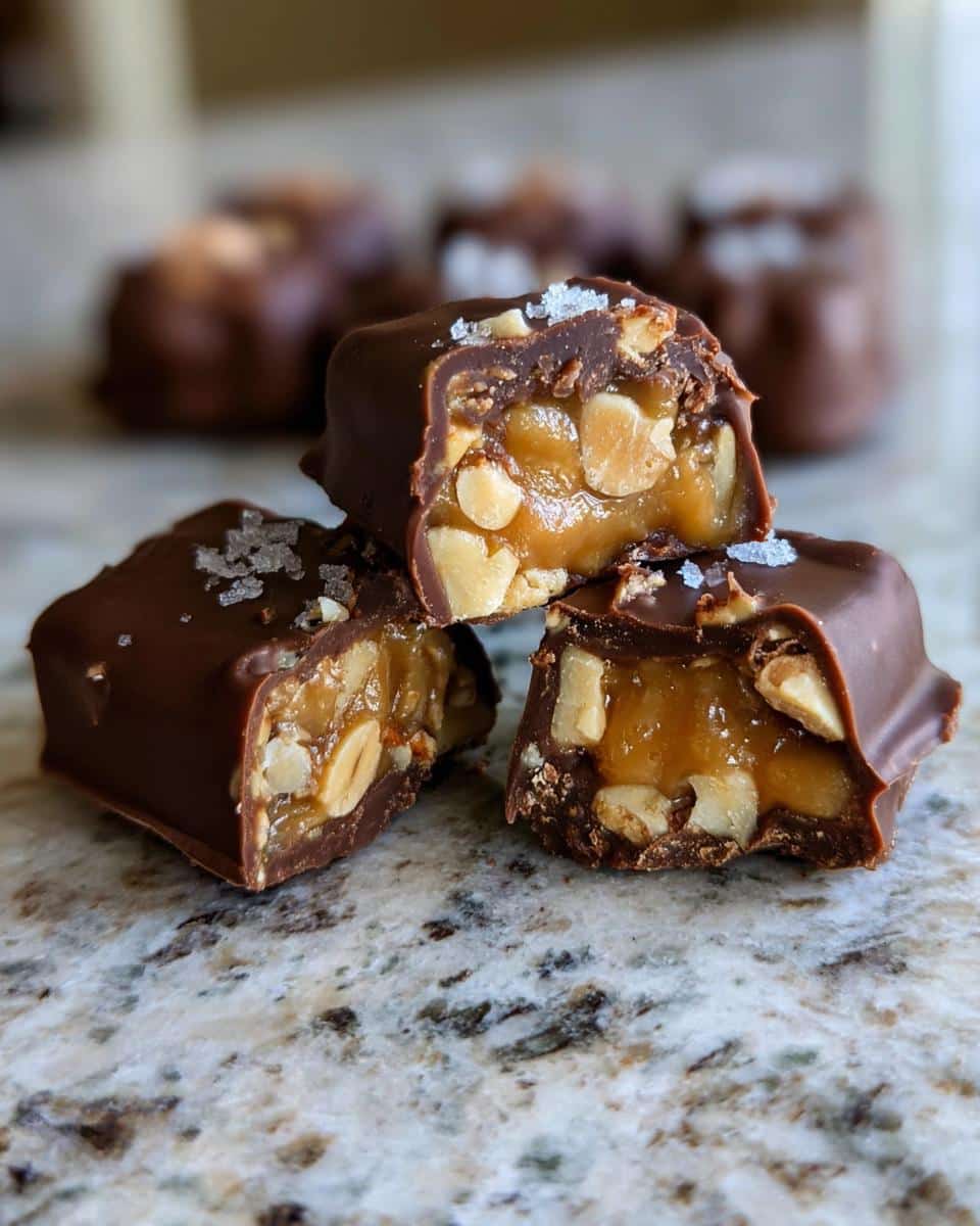 Close-up of a Date Snickers bar, cut in half, showing gooey caramel, peanuts, and chocolate coating with sea salt.