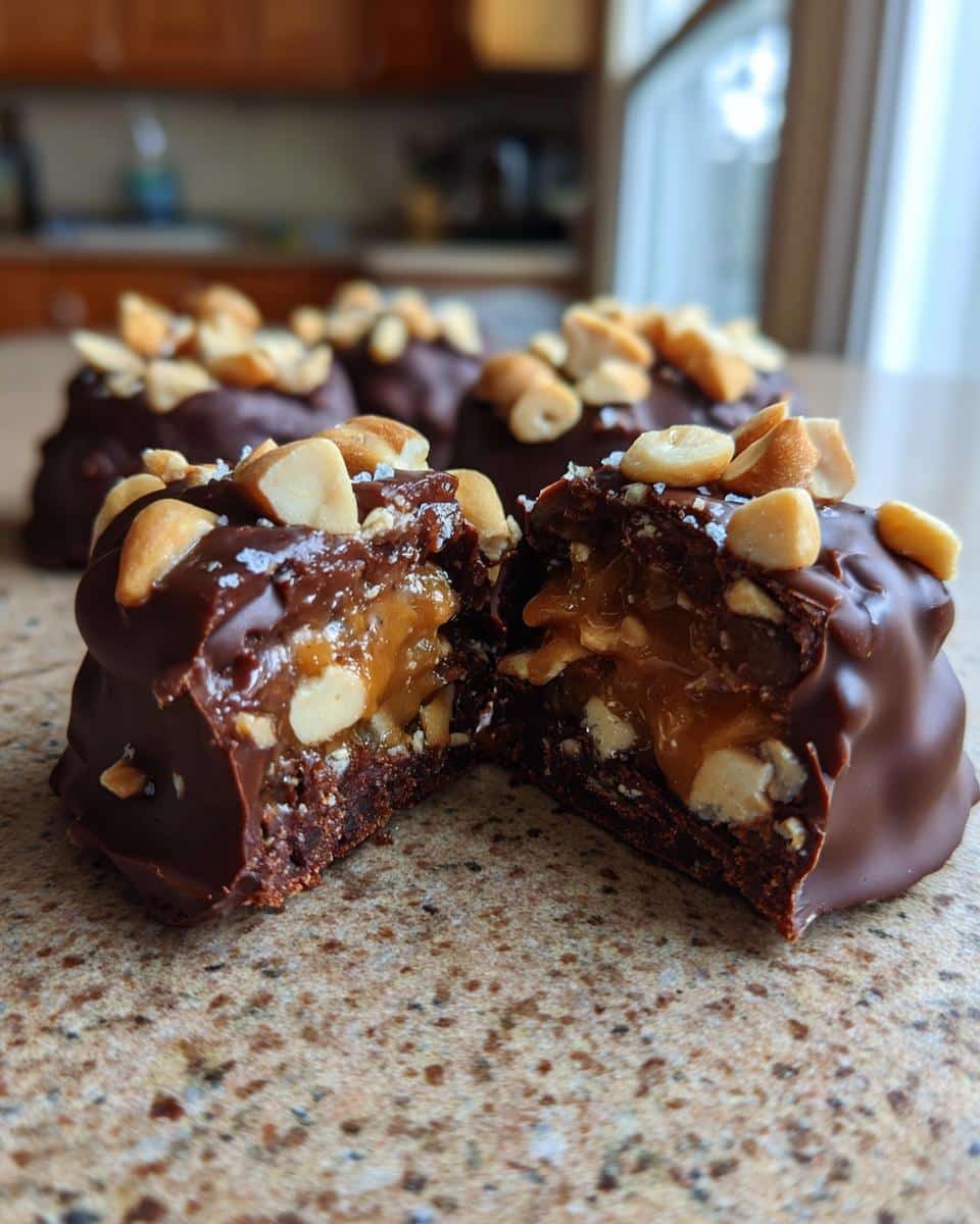 Close-up of a Date Snickers bar, cut in half, showing gooey caramel, peanuts, and chocolate coating.