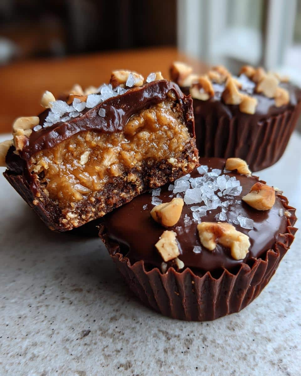 Close-up of a Date Snickers treat, showing the layers of chocolate, date filling, and crunchy nuts.