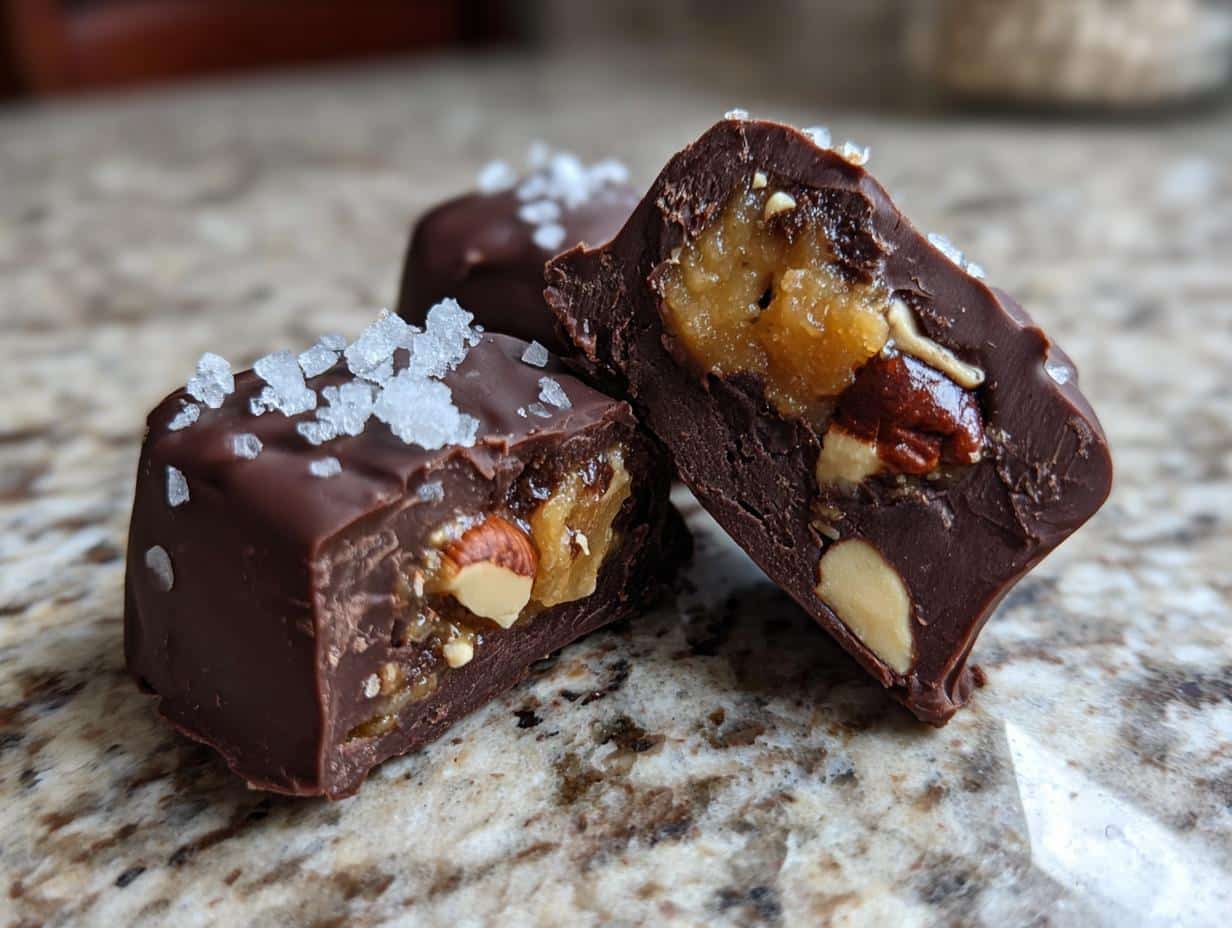 Close-up of a Date Snickers bar, showing the rich chocolate coating, gooey date filling, and crunchy almonds.