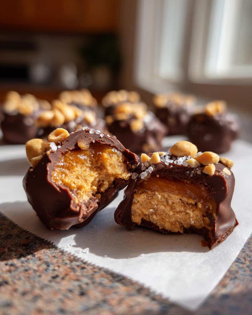 Close-up of a Date Snickers candy bar, showing the creamy peanut butter, gooey caramel, and crunchy peanuts inside the chocolate coating.