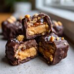 Close-up of a Date Snickers bar cut in half, revealing layers of peanut butter, caramel, and crunchy bits, coated in chocolate and topped with peanuts and sea salt.
