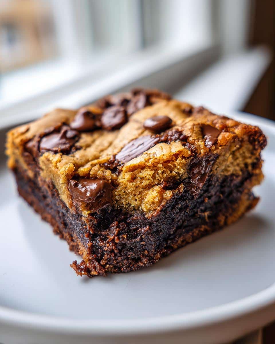 A close-up of a delicious brookie, a rich chocolate brownie base topped with a chewy chocolate chip cookie layer.