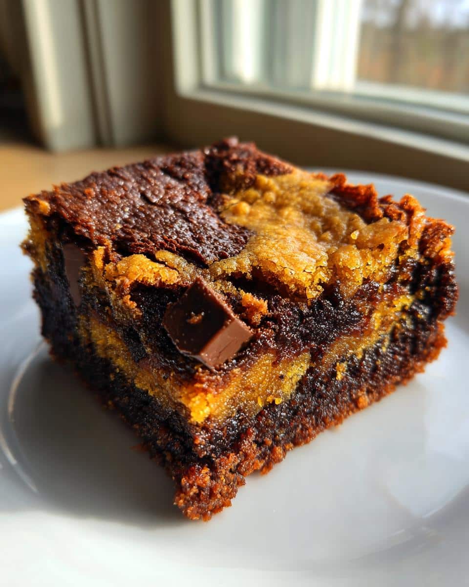 A close-up of a delicious brookie, a rich chocolate brownie swirled with chewy cookie dough and chocolate chunks.