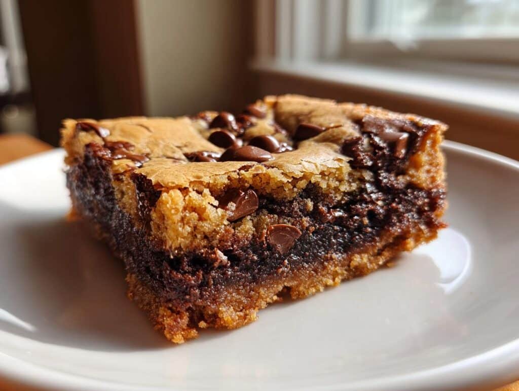 A close-up of a delicious brookie, a chocolate chip cookie and brownie mashup, on a white plate.