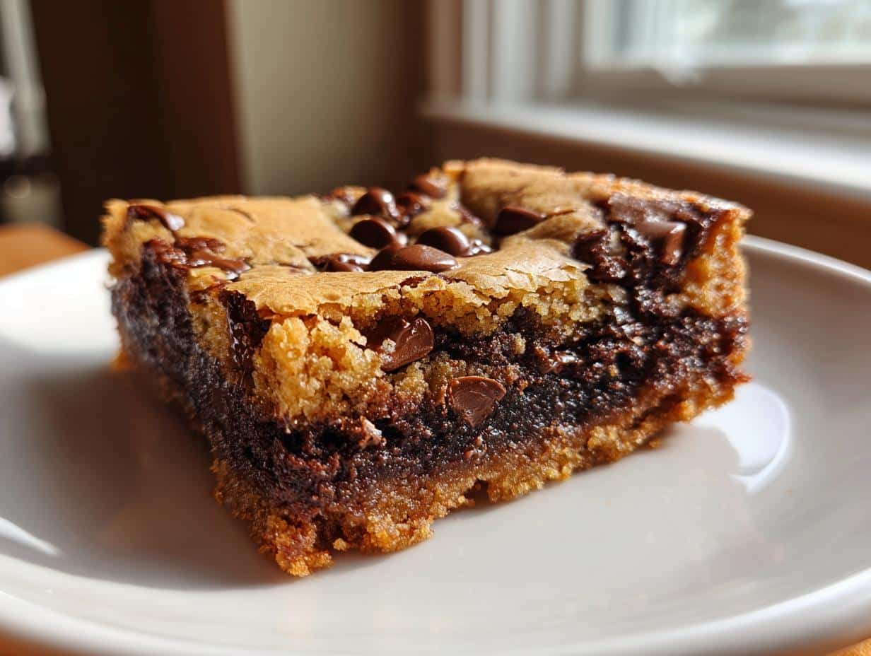 A close-up of a delicious brookie, a chocolate chip cookie and brownie mashup, on a white plate.