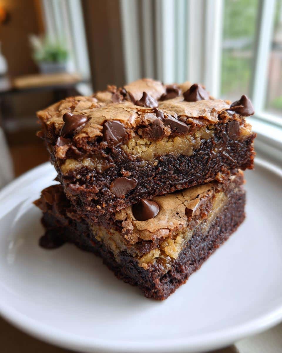 Two stacked delicious brookies, a chocolate chip cookie and brownie mashup, on a white plate.