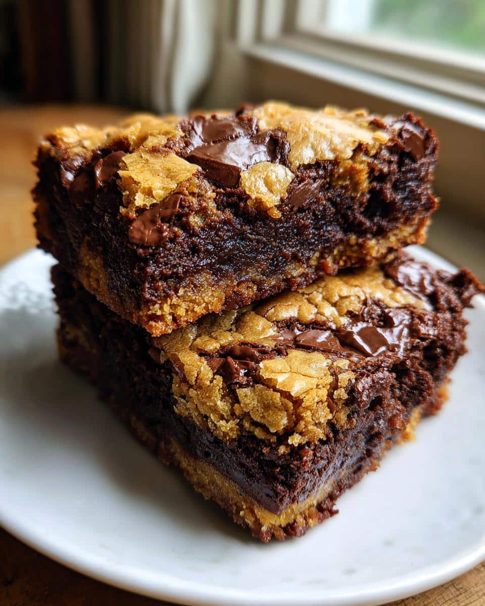 Two delicious brookies stacked on a white plate, showcasing the rich chocolate brownie base and chewy chocolate chip cookie topping.