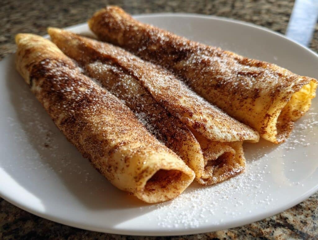 Three rolled dessert tortilla wraps dusted with cinnamon sugar and powdered sugar on a white plate.
