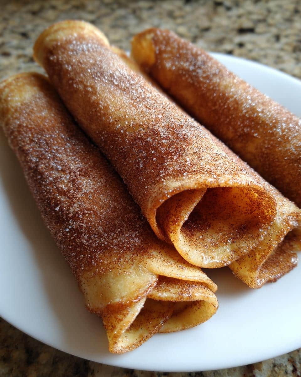 Close-up of three rolled Dessert Tortilla Wraps coated in cinnamon sugar on a white plate.