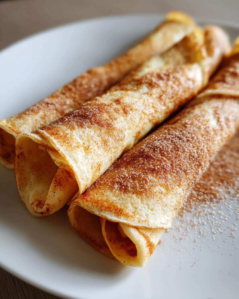 Close-up of three rolled Dessert Tortilla Wraps dusted with cinnamon and sugar on a white plate.