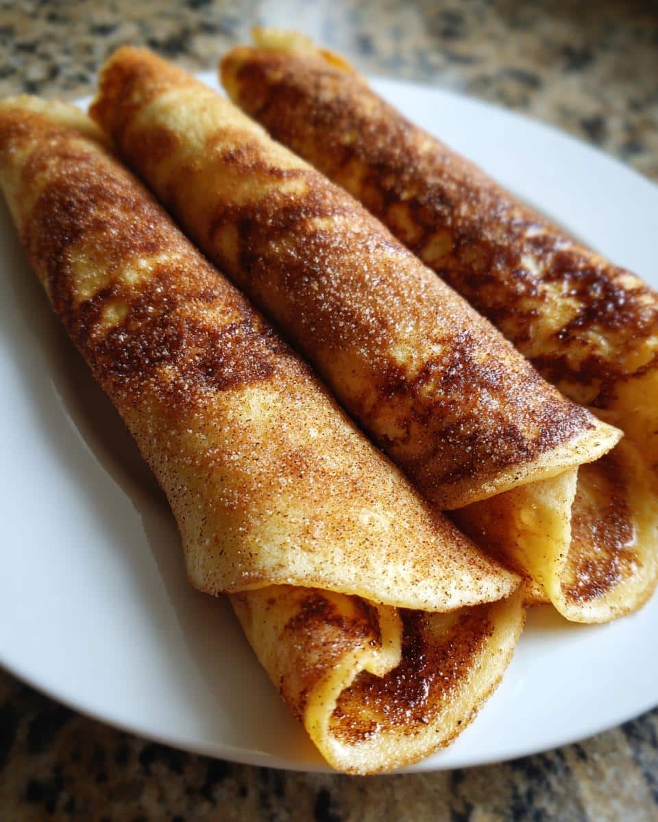 Three rolled dessert tortilla wraps dusted with cinnamon sugar on a white plate.