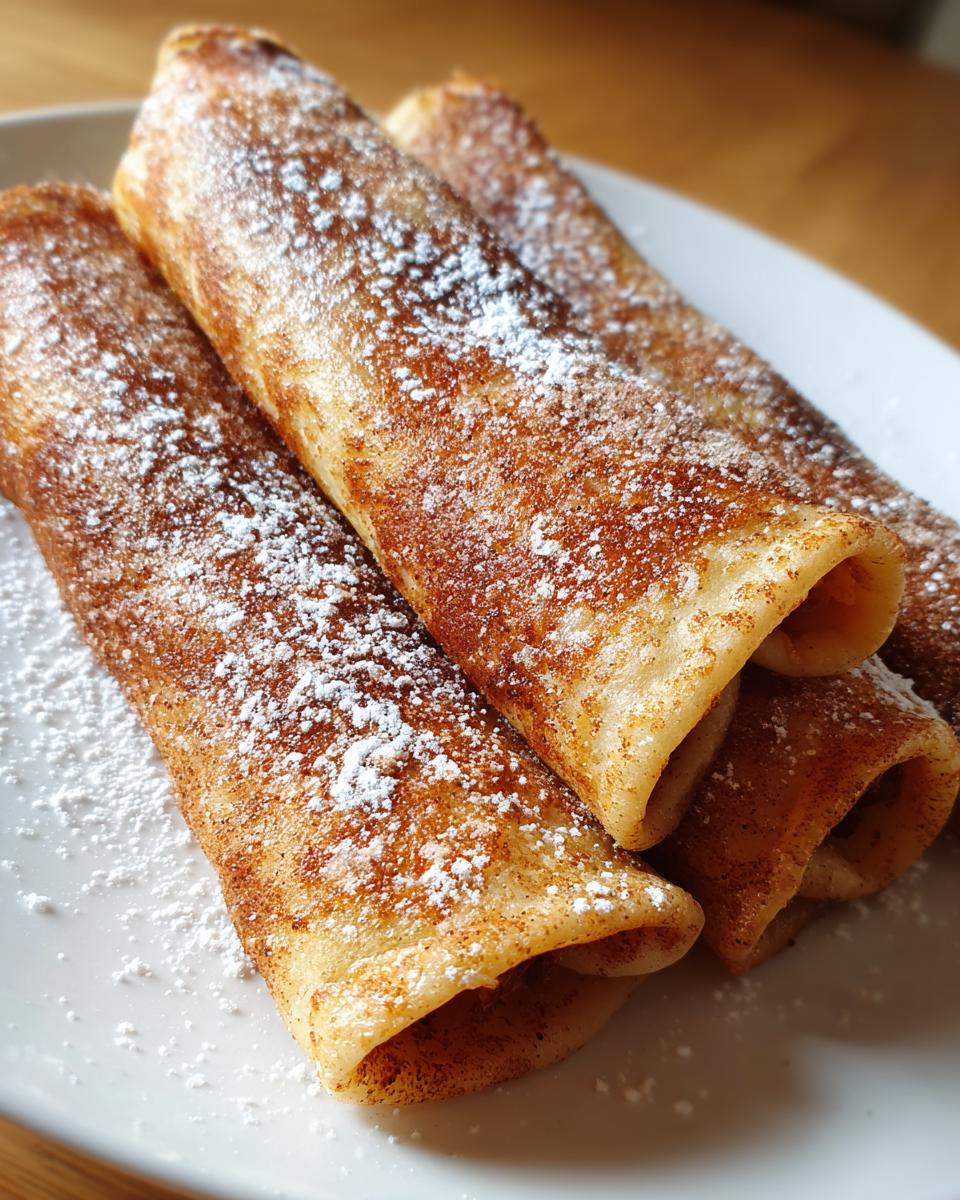 Close-up of rolled dessert tortilla wraps dusted with powdered sugar and cinnamon.