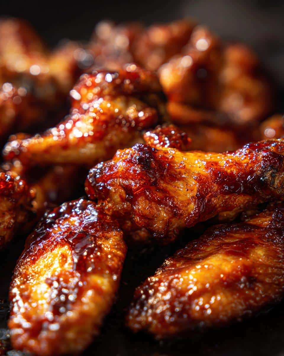 Close-up of glistening, saucy easy air fryer BBQ wings, perfectly cooked and ready to eat.