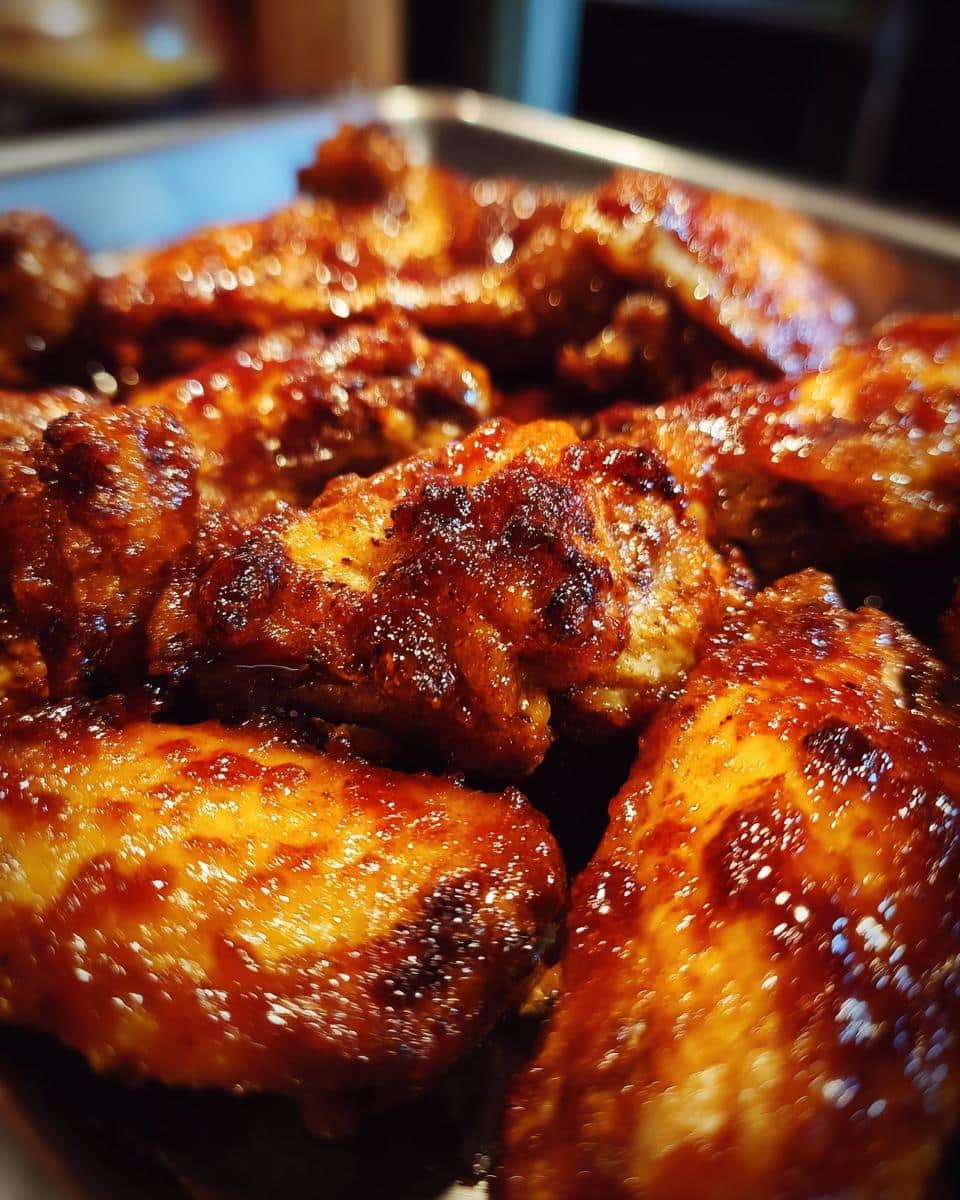Close-up of glossy, caramelized easy air fryer BBQ wings, glistening with sauce.