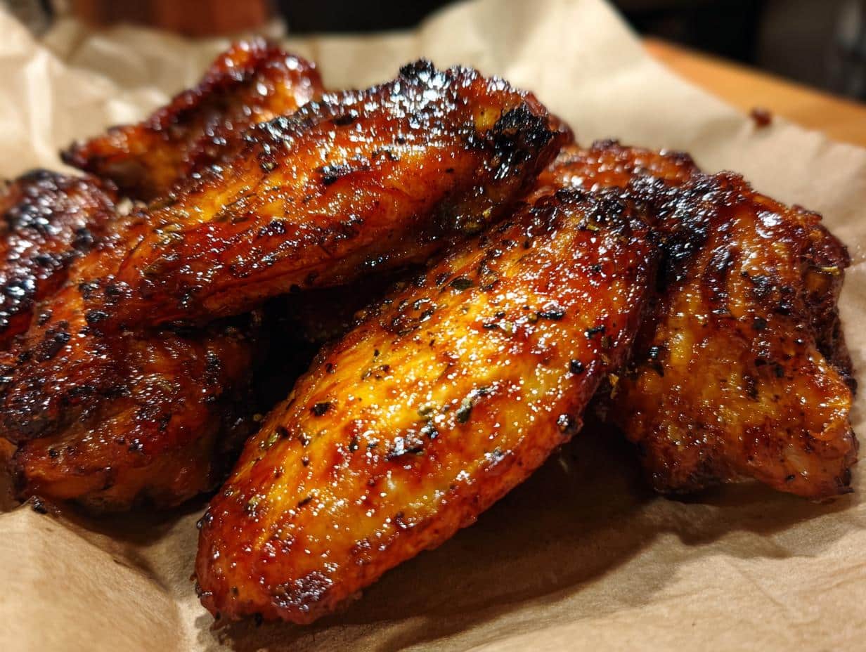A close-up of glistening, perfectly cooked easy air fryer BBQ wings, seasoned with herbs and spices.