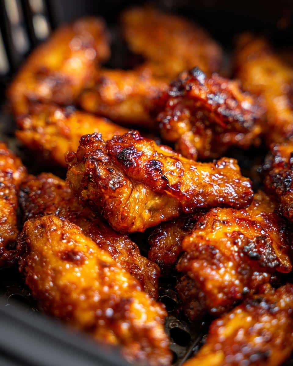 Close-up of perfectly cooked, glossy easy air fryer BBQ wings in an air fryer basket.