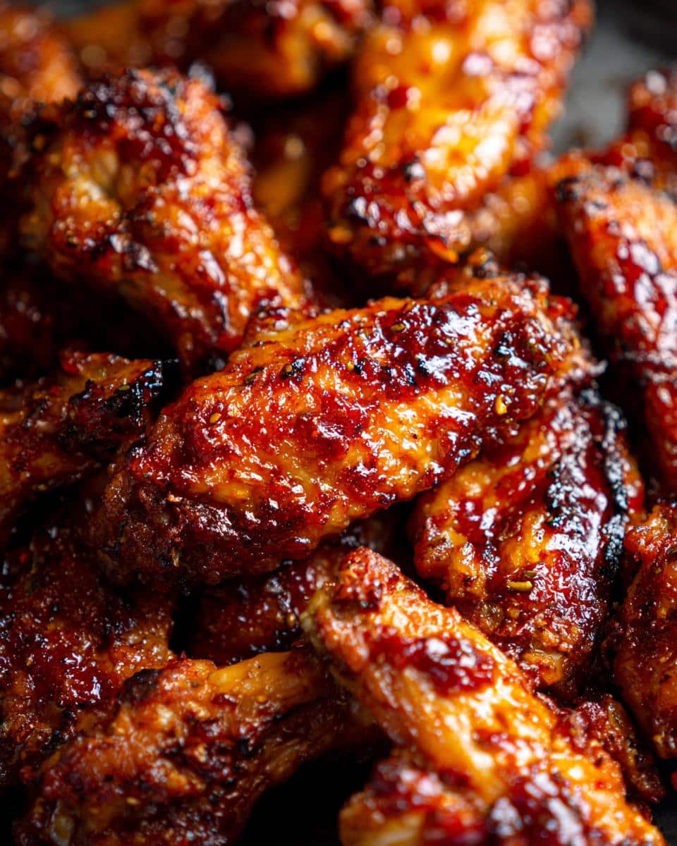 Close-up of juicy, glistening easy air fryer BBQ wings coated in a rich BBQ sauce.