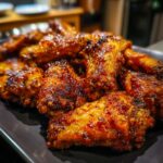 A close-up shot of a pile of delicious, crispy easy air fryer BBQ wings on a dark plate.