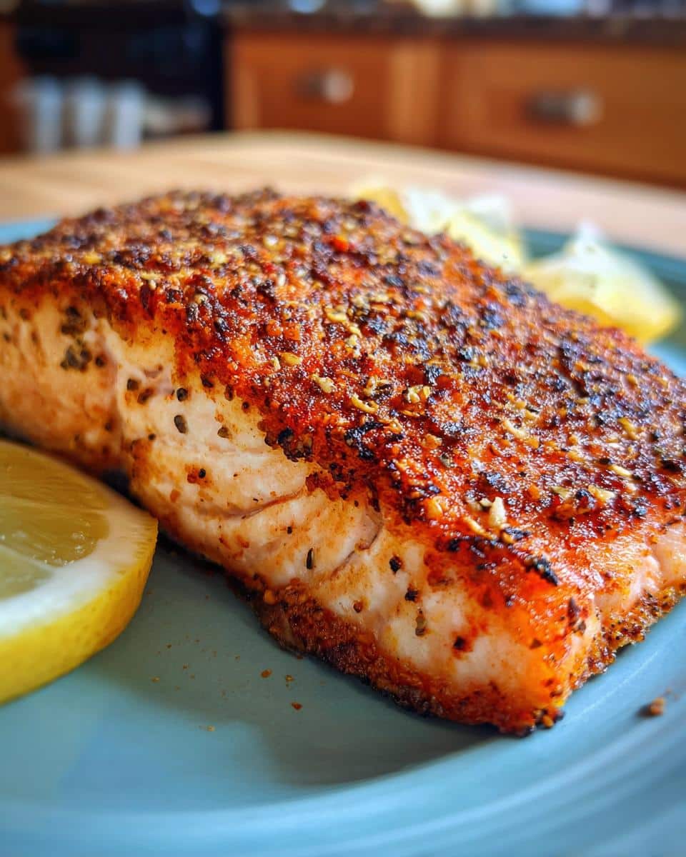A close-up of a perfectly cooked easy air fryer salmon fillet seasoned with spices, served with lemon wedges on a blue plate.