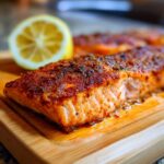 Close-up of a perfectly cooked easy air fryer salmon fillet seasoned with spices, served with a lemon slice on a wooden board.