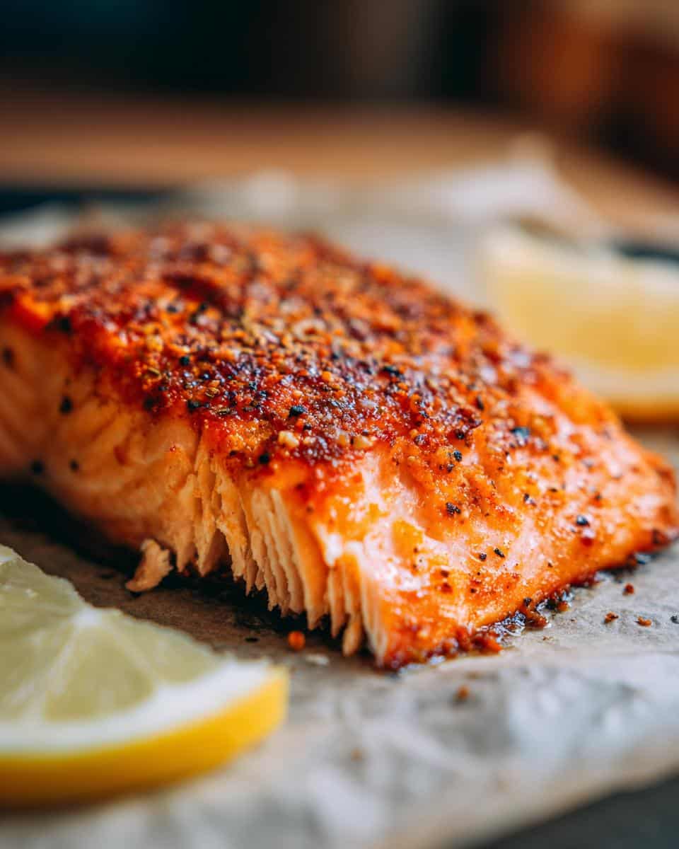 A perfectly cooked fillet of easy air fryer salmon, seasoned and served with lemon wedges.