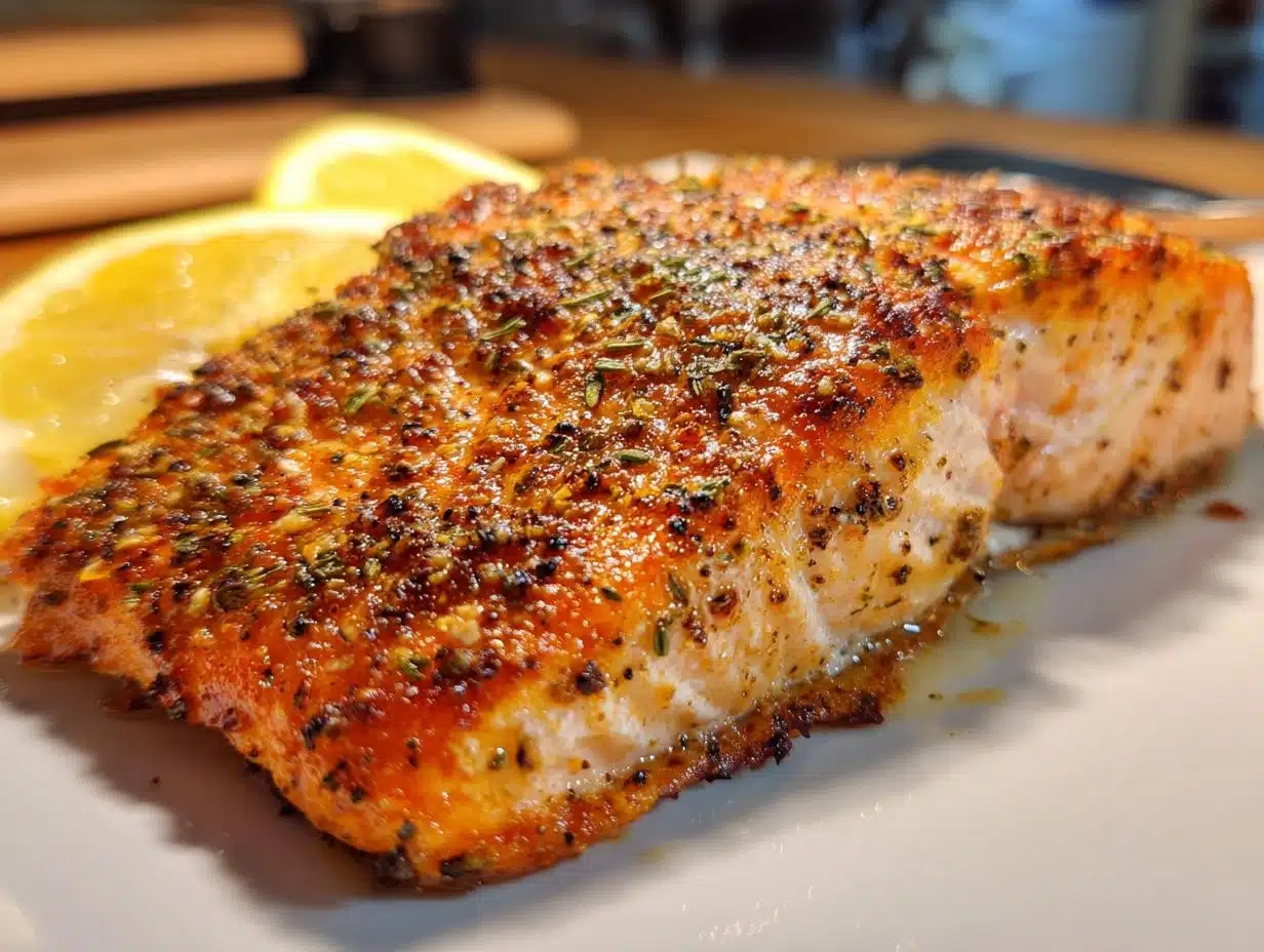 Close-up of a perfectly cooked easy air fryer salmon fillet seasoned with herbs and spices, served with lemon slices.