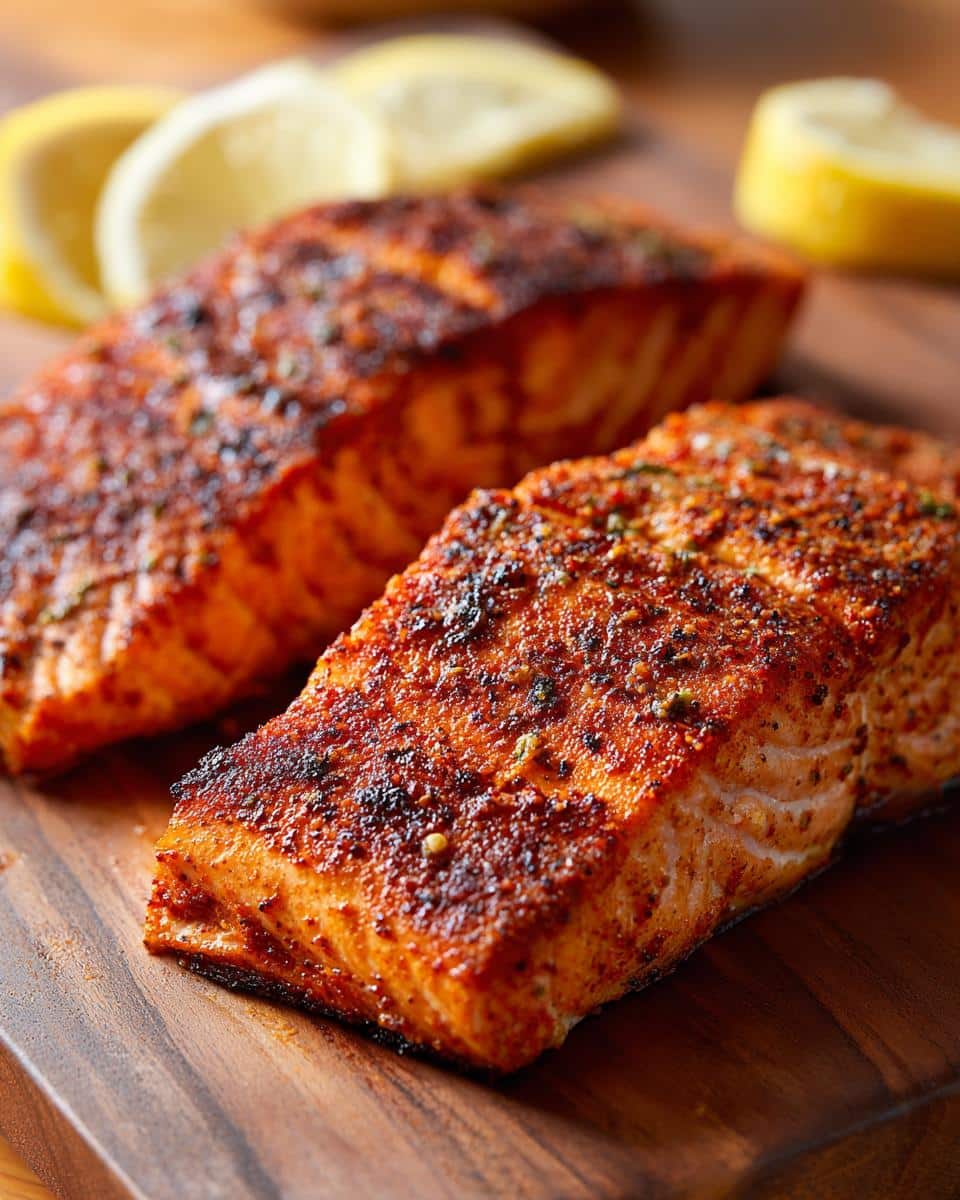 Two perfectly cooked easy air fryer salmon fillets seasoned with spices, served with lemon slices on a wooden board.