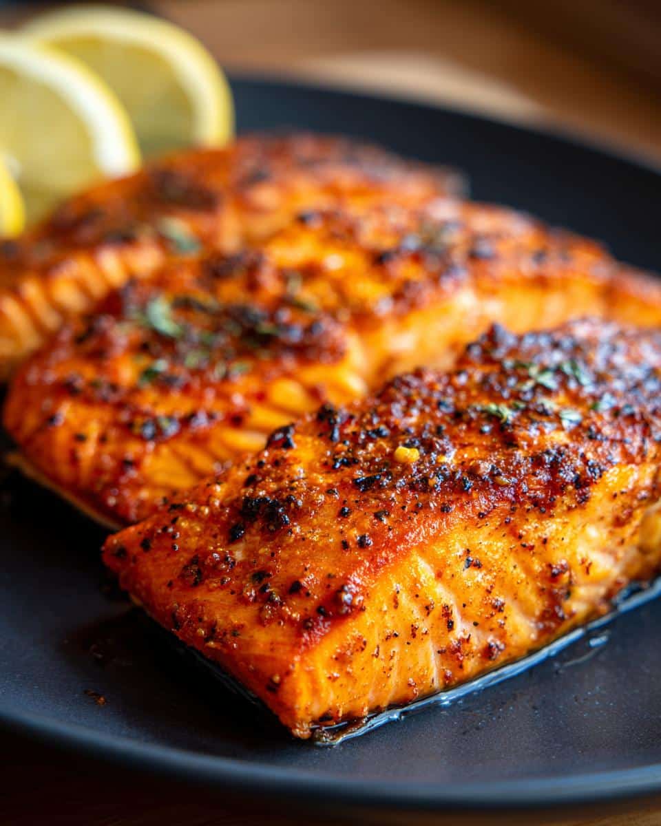 Close-up of perfectly cooked easy air fryer salmon fillets seasoned with spices and served with lemon slices.