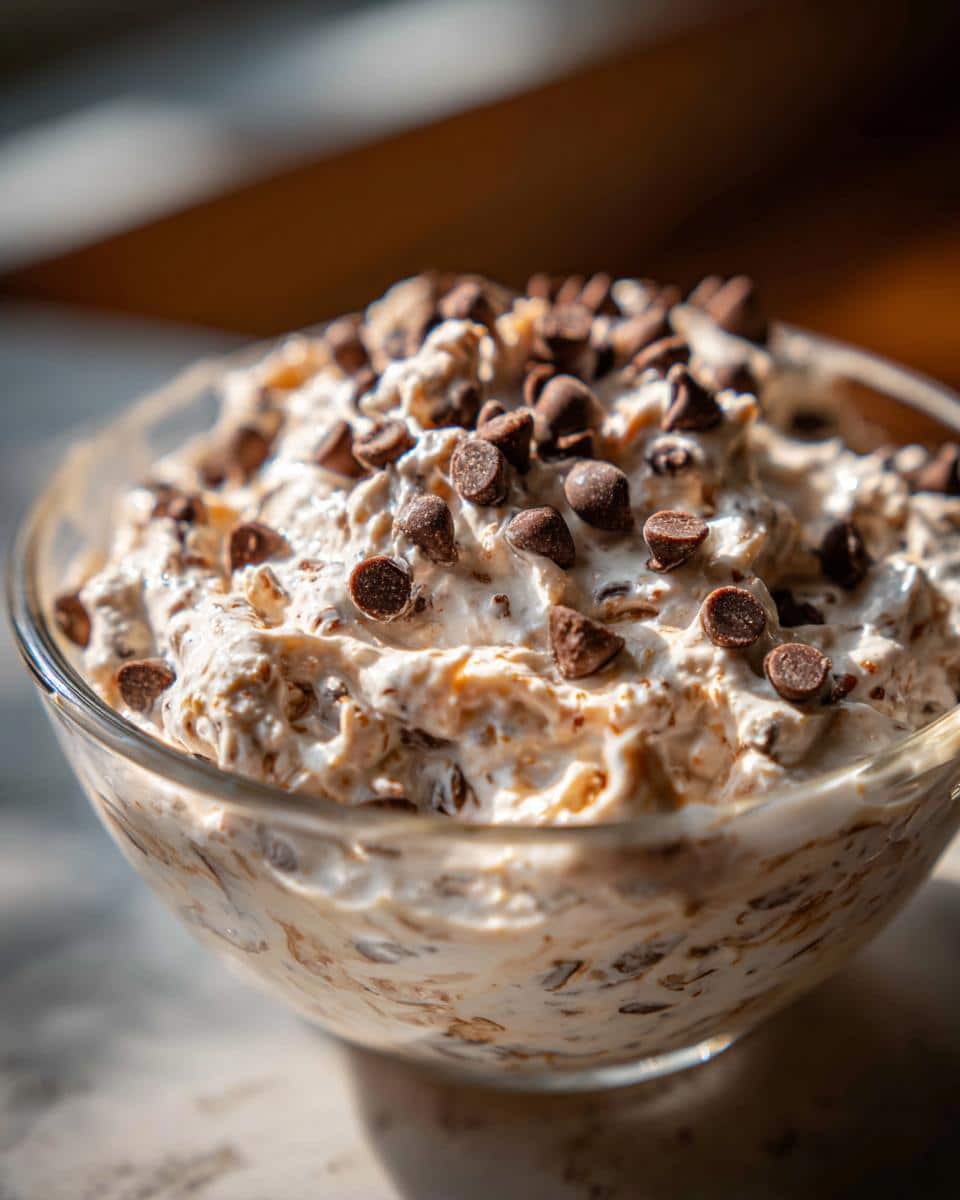 Close-up of a glass bowl filled with Easy Booty Dip, topped generously with chocolate chips.